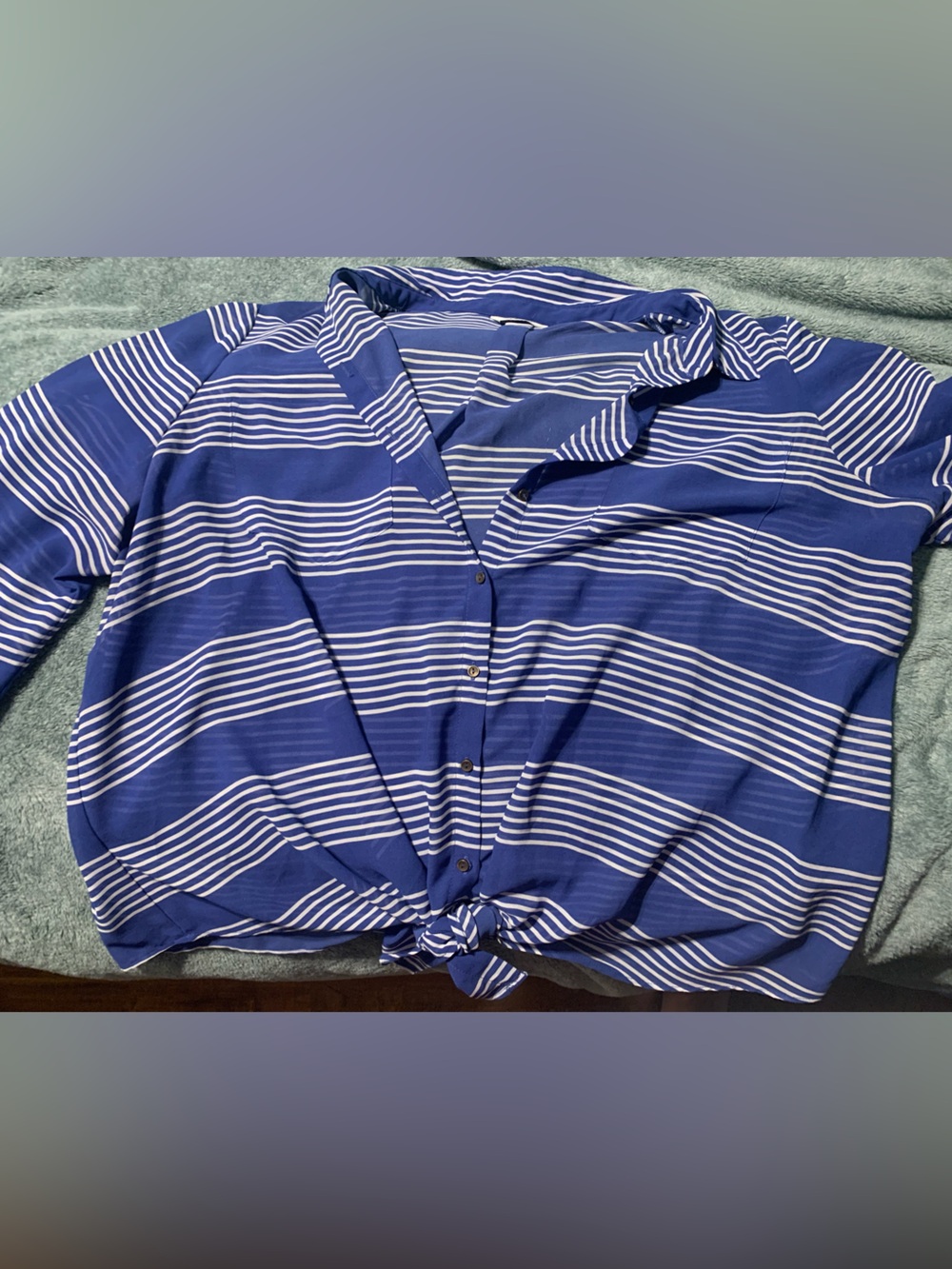 Reitmans Blue and White Striped Button-Front Tie Hem Top